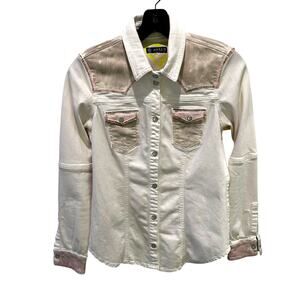 Axel’s Hand Painted Angel Wings White Denim Snap Button Jacket Womens 40 US 2/4